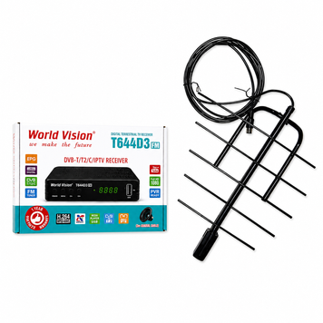 Комплект Т2 тюнер World Vision T644D3 FM та антена кімнатна Eurosky ES-005A 2117644824 фото