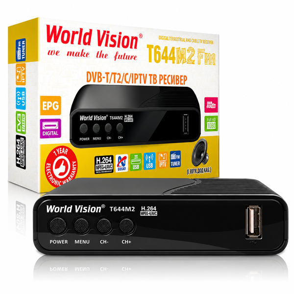 Комплект Т2 Тюнер World Vision T644M2 FM та антена кімнатна Energy Т2 2104100536 фото